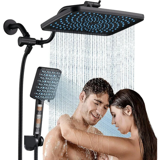 12 Inch Rain Shower Head Combo, High Pressure Handheld Shower Head with Filter, Extension Arm Height Adjustable, Matte Black