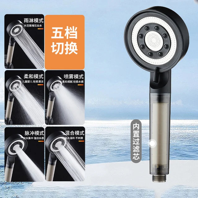 Black Silver Shower Head High Pressure 5 Modes Water Saving Nozzle Powerful Pressurized Spa Handheld Showers Bathroom accessorie