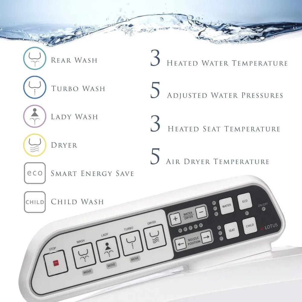 Lotus Smart Bidet ATS-500 Electronic Heated Toilet Seat, Temperature Controlled Wash, Warm Air Dryer, Easy DIY Installation