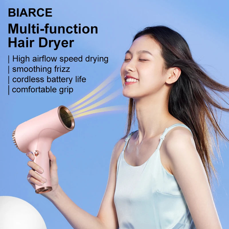 Portable Hair Dryer 2600mah Cordless Lonic Hair Dryer 40/500W USB Rechargeable Powerful 2 Gears for Household Travel Salon