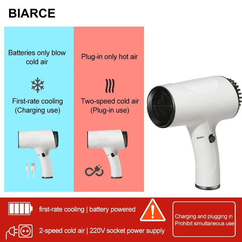 Portable Hair Dryer 2600mah Cordless Lonic Hair Dryer 40/500W USB Rechargeable Powerful 2 Gears for Household Travel Salon