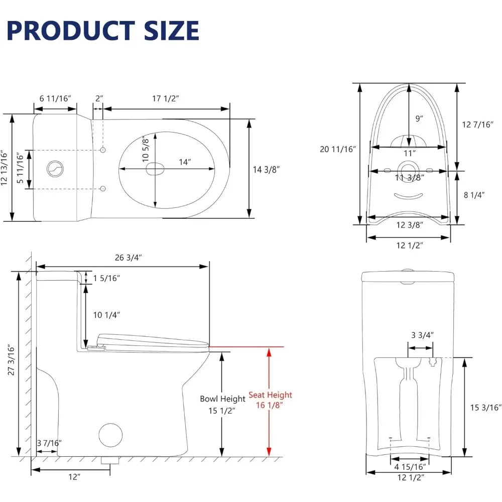 Symmetry One Piece Toilet, Dual Flush 1.1/1.6 GPF Elongated Standard Toilet for Bathroom, Toilets with Comfortable Seat Height