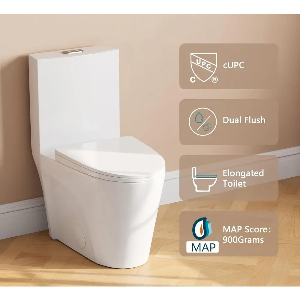 Toilet, Elongated One Piece Toilet for Bathrooms, Comfortable Chair Seat Height 17", Dual Power Flush Toilet 1.1/1.6 GPF