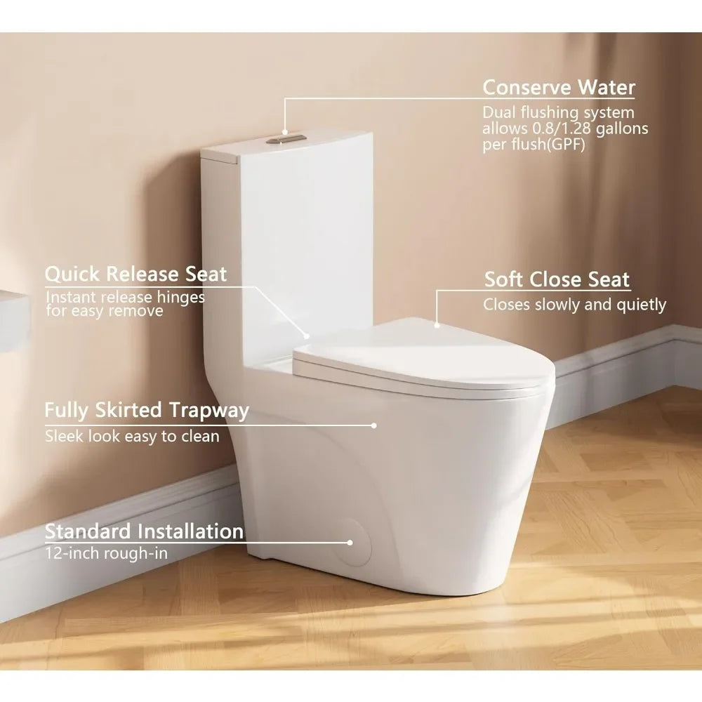 Toilet, Elongated One Piece Toilet for Bathrooms, Comfortable Chair Seat Height 17", Dual Power Flush Toilet 1.1/1.6 GPF