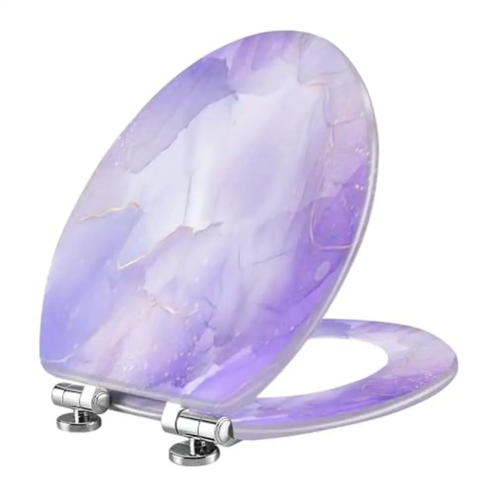 Toilet Seat Resin Marble Lines Violet Lavender Pastel Purple Quiet Close Cushioned Bumpers Easy Install Unique Design Textured