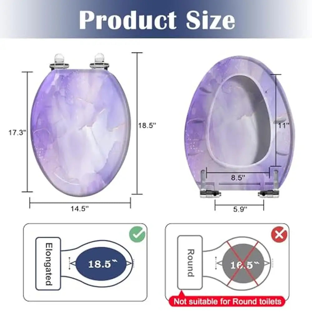 Toilet Seat Resin Marble Lines Violet Lavender Pastel Purple Quiet Close Cushioned Bumpers Easy Install Unique Design Textured