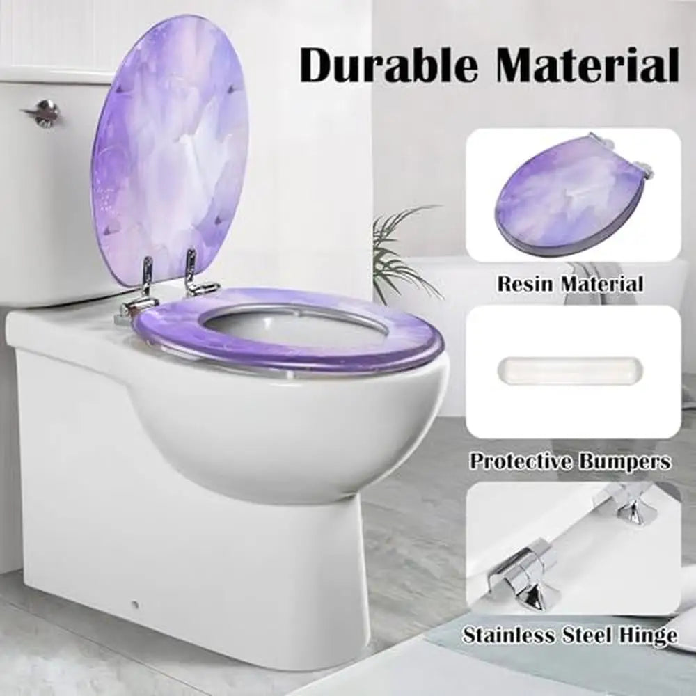 Toilet Seat Resin Marble Lines Violet Lavender Pastel Purple Quiet Close Cushioned Bumpers Easy Install Unique Design Textured