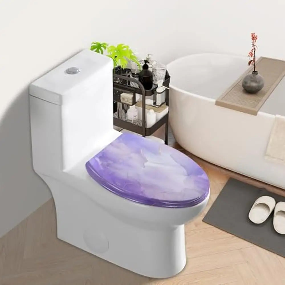 Toilet Seat Resin Marble Lines Violet Lavender Pastel Purple Quiet Close Cushioned Bumpers Easy Install Unique Design Textured