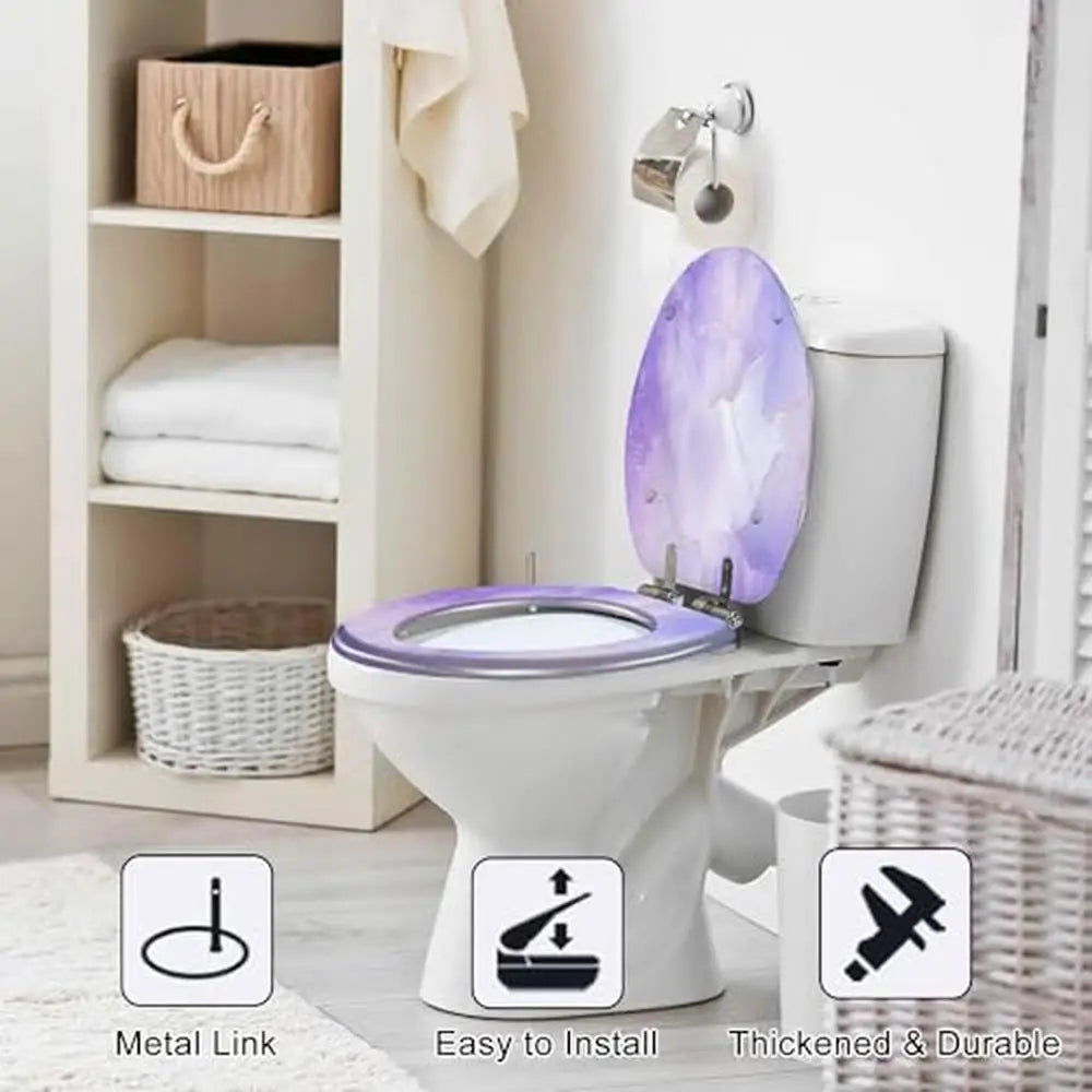 Toilet Seat Resin Marble Lines Violet Lavender Pastel Purple Quiet Close Cushioned Bumpers Easy Install Unique Design Textured